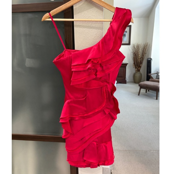 BCBGMaxAzria "Jonesy" One Shoulder Ruffled Mini Dress - Ruby Red Size 0 - Picture 6 of 16
